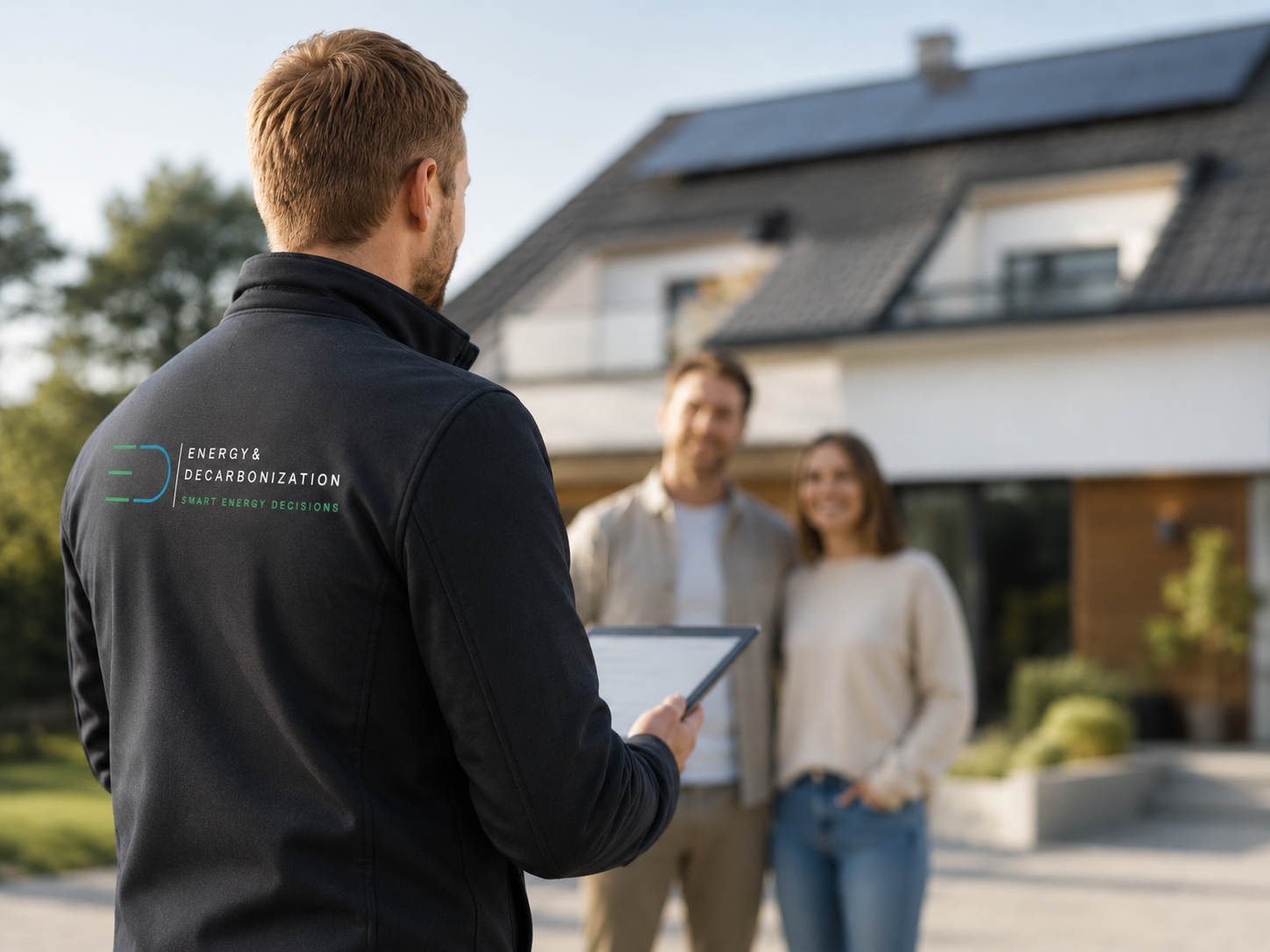 Energieberater im persönlichen Gespräch vor einem Wohngebäude